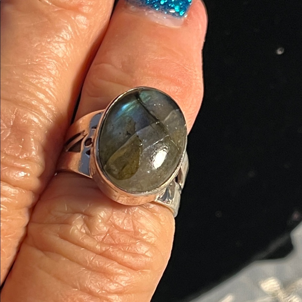 Genuine Labradorite Oval Stone Sterling Silver Hand Tooled Ring